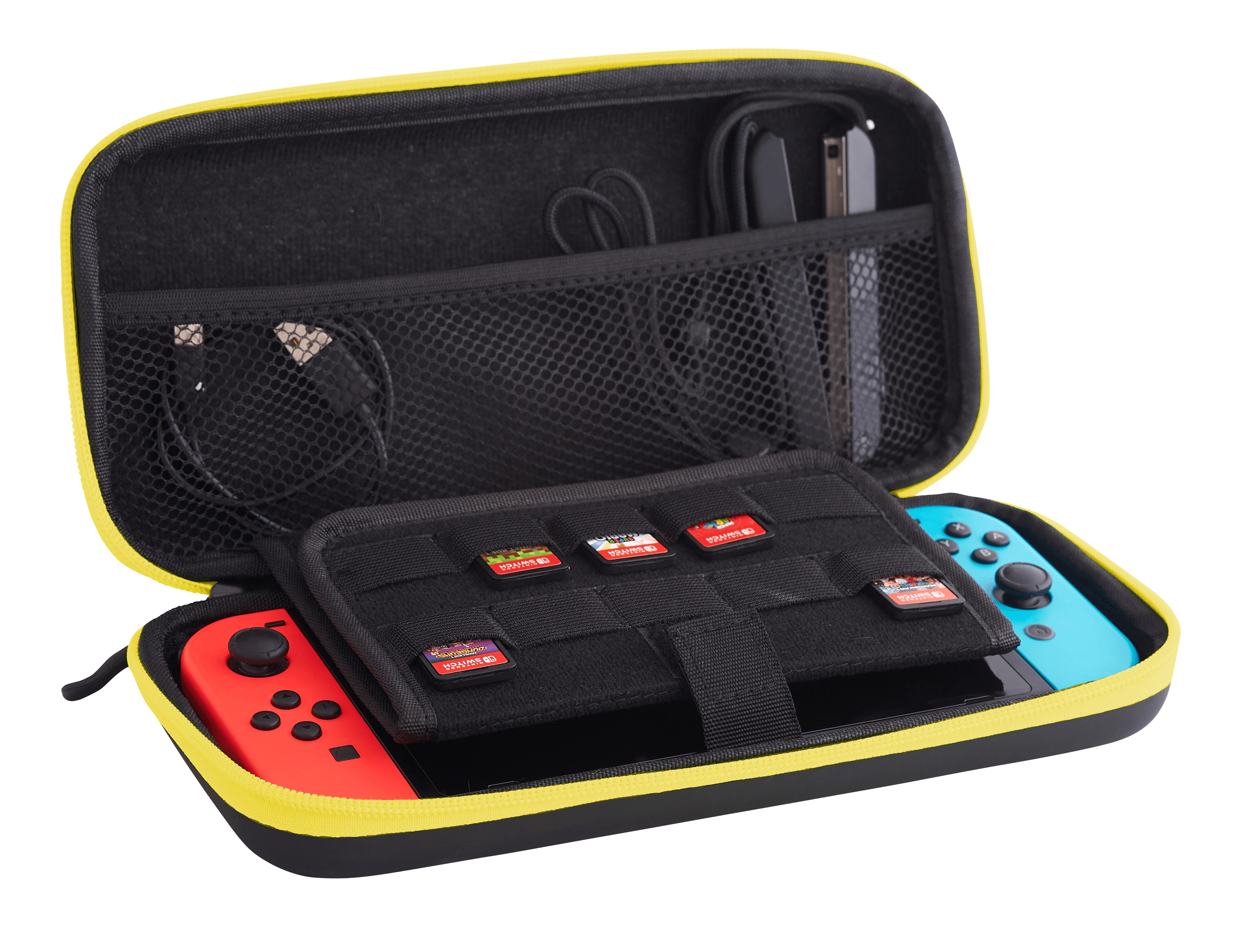 Estuche negro y amarillo abierto con consola de juegos y juegos dentro.