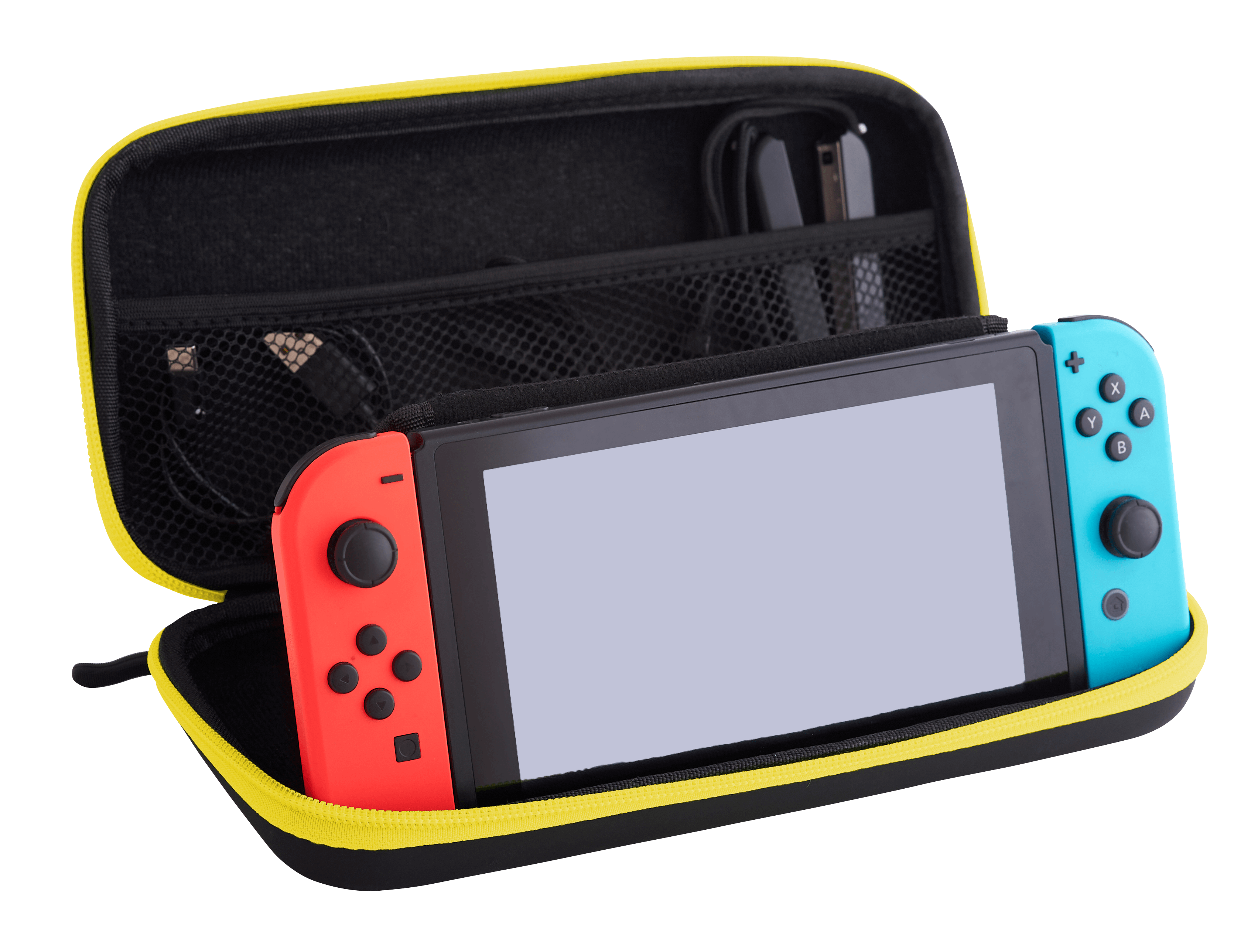 Consola Nintendo Switch en estuche amarillo y negro, con mandos rojo y azul.