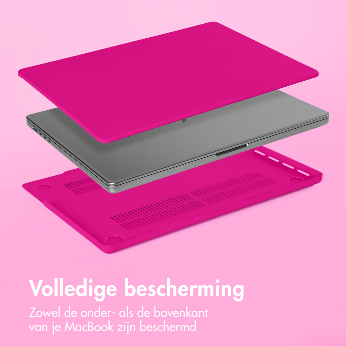 A pink laptop and two pink cases. Text says 'Complete protection' in Dutch.