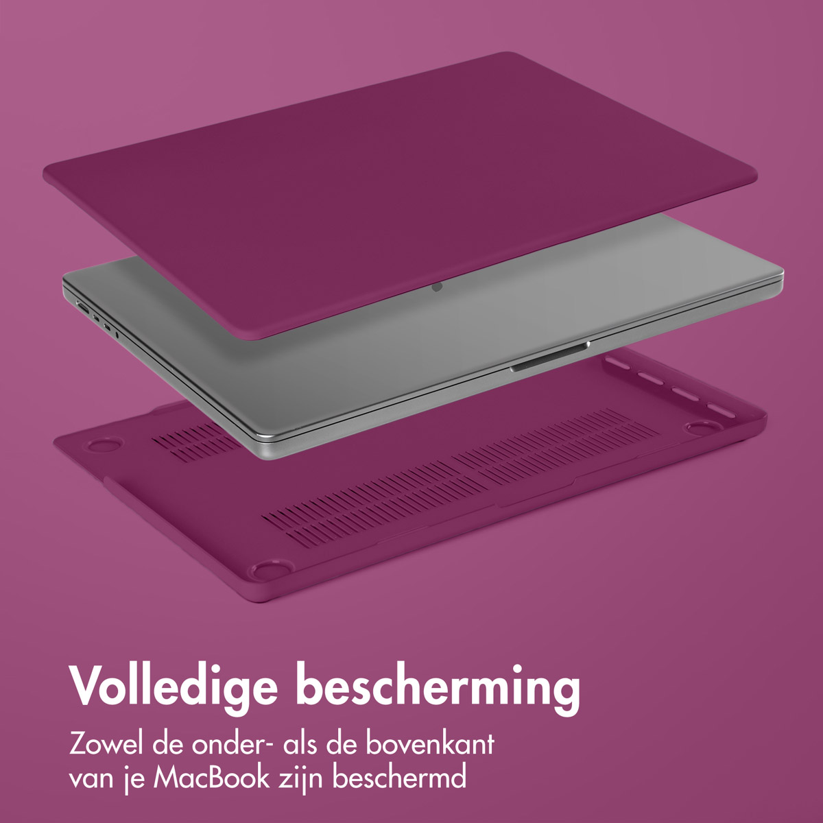 Portátil dentro de una funda protectora morada. La funda es de tres partes, con texto 'Volledige bescherming'.
