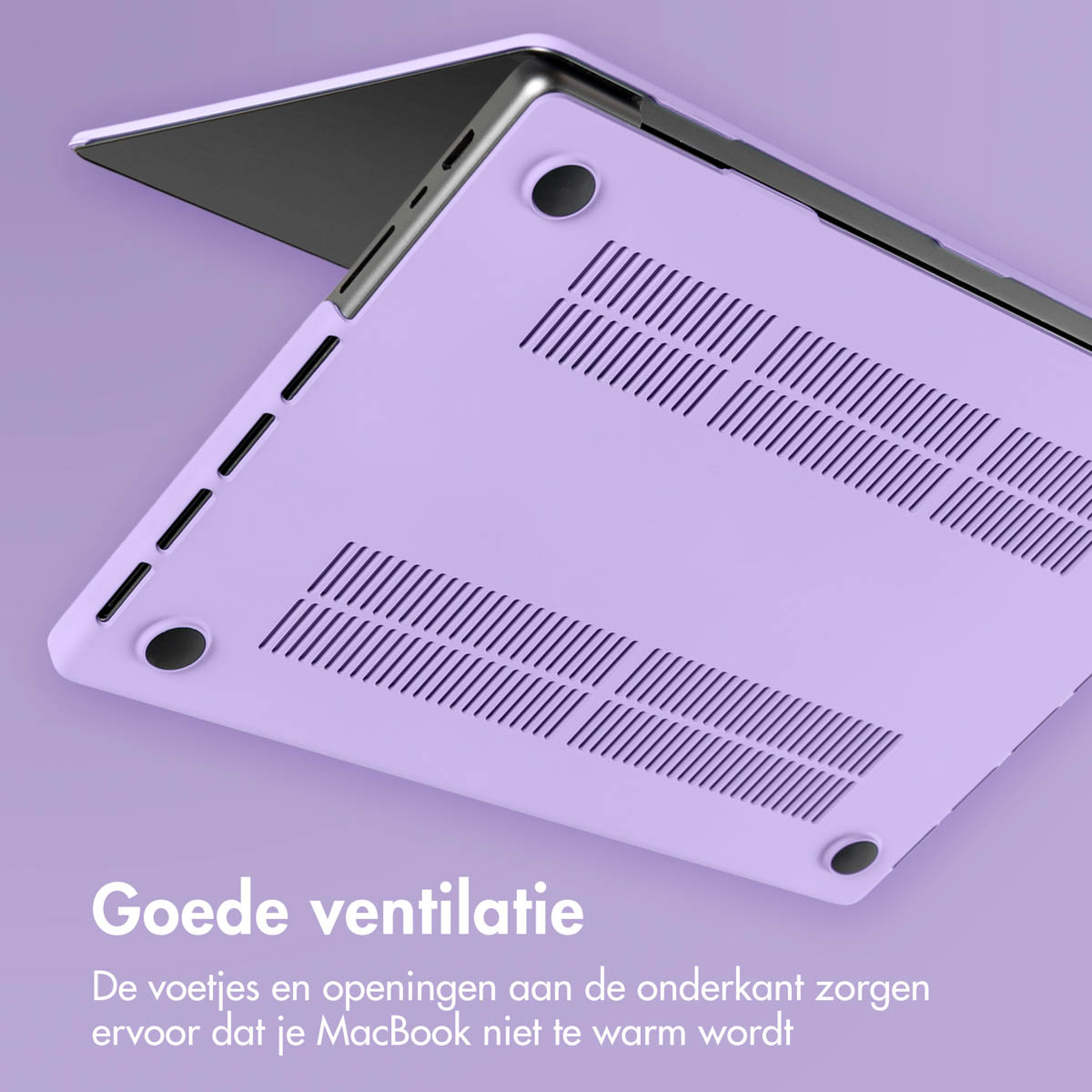 A laptop with a purple cover with text about good ventilation.