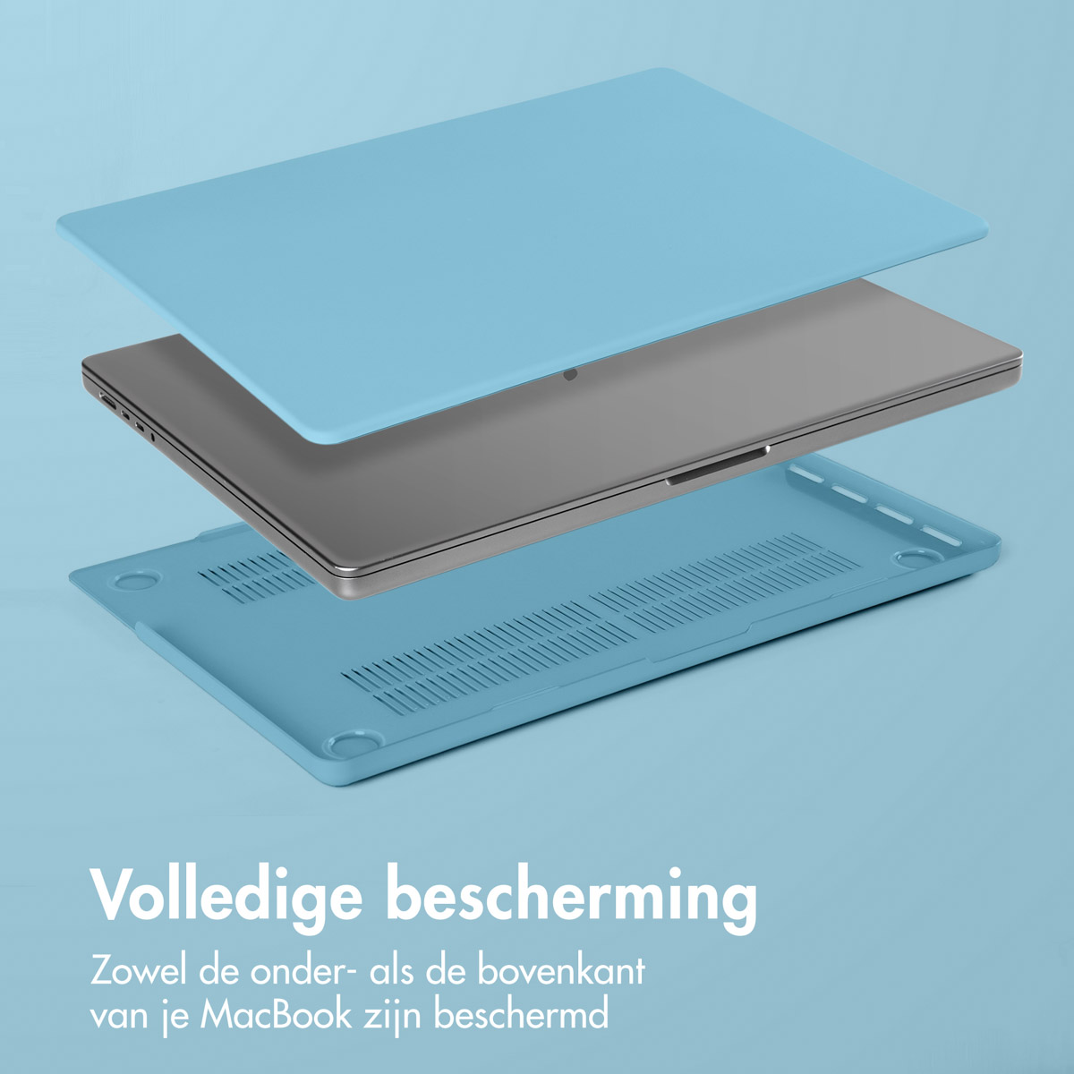 A blue laptop case is open with a laptop inside. The top and bottom pieces are separated.