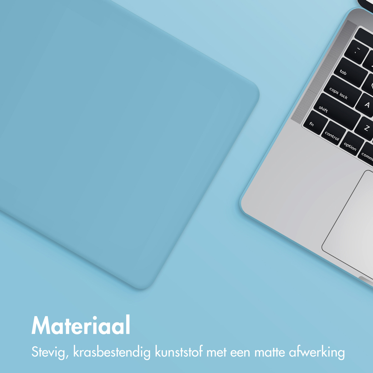 Laptop keyboard with a light blue surface and a portion of the laptop.