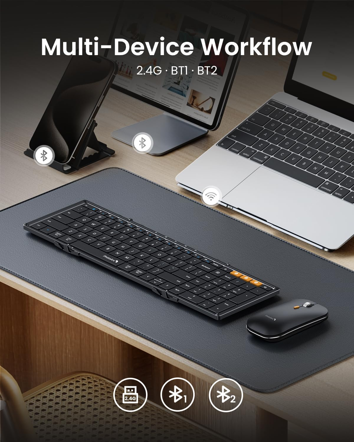 A desk setup with laptop, keyboard, mouse, and smartphone. Bluetooth icons are visible on the devices.