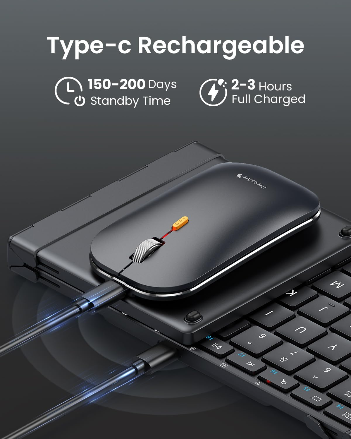 A black wireless mouse on a black keyboard. The mouse is connected to the keyboard with a cable.