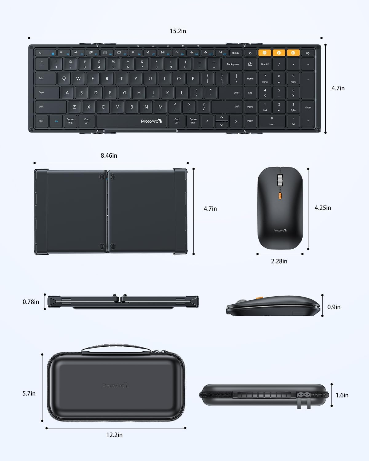 Foldable keyboard and mouse set with case. Dimensions are shown.