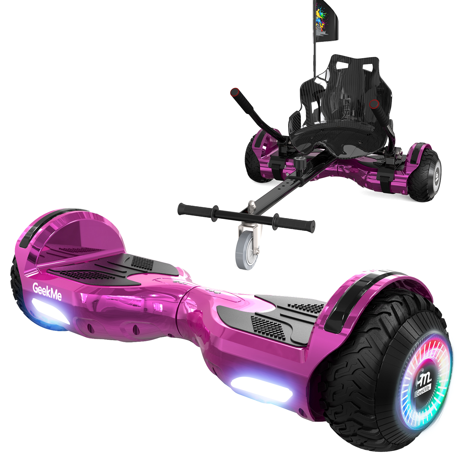 Hoverboard rosa con attacco go-kart. Un hoverboard in basso e il go-kart in alto.