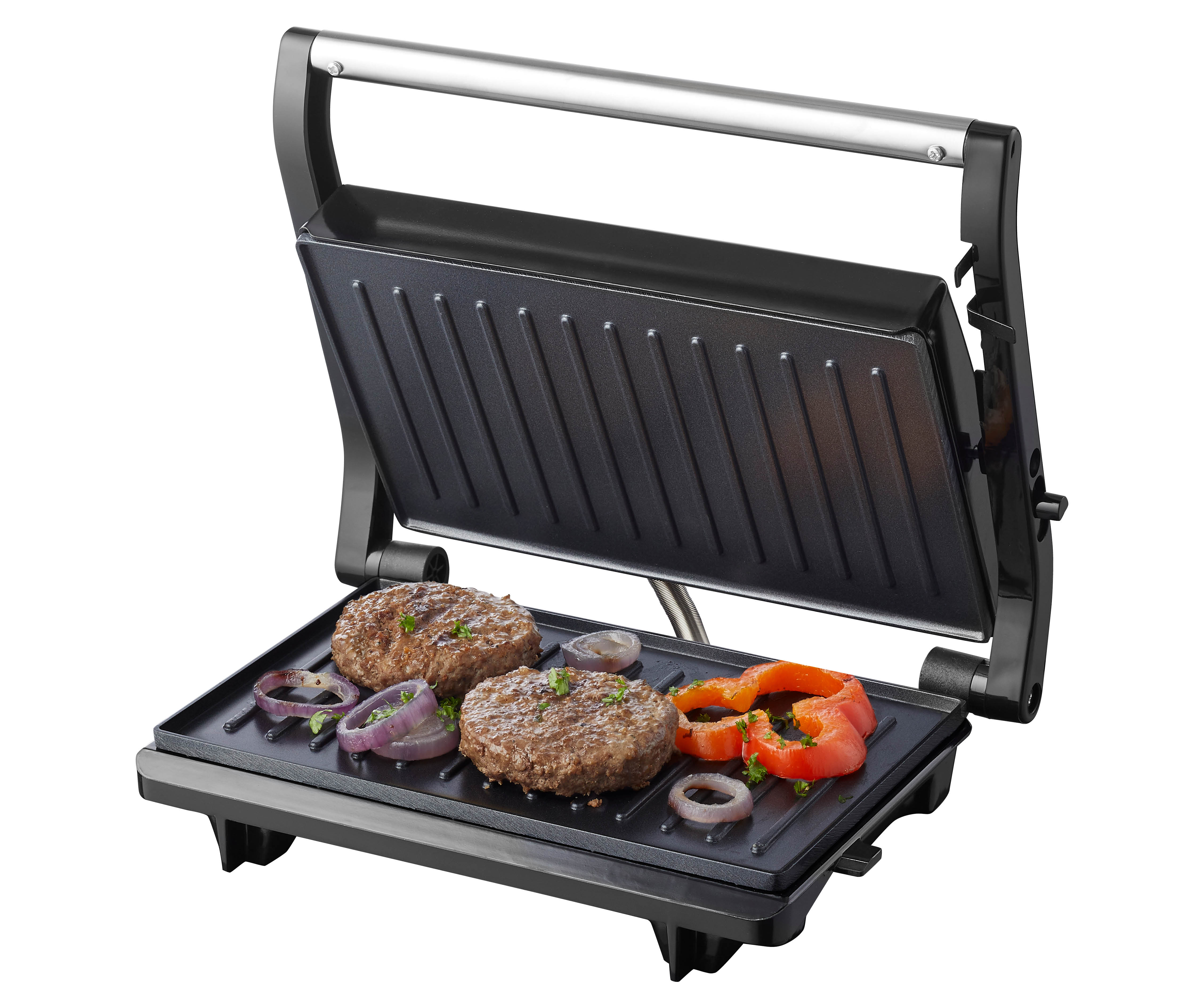 Un grill noir avec deux galettes de burger, des oignons rouges tranchés et des poivrons rouges.