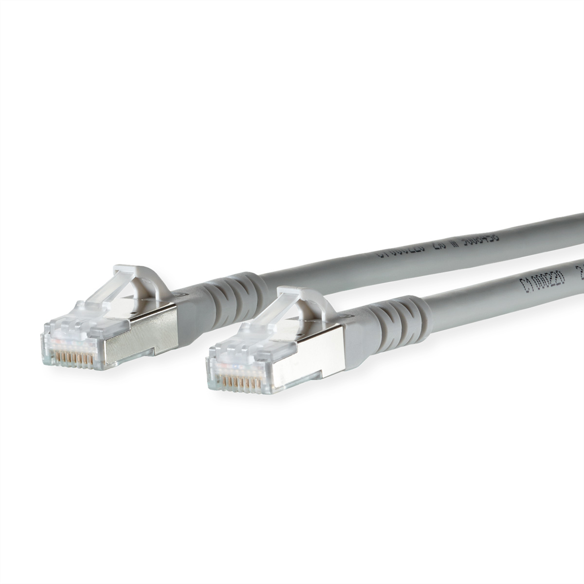 Deux câbles Ethernet gris avec des connecteurs transparents.