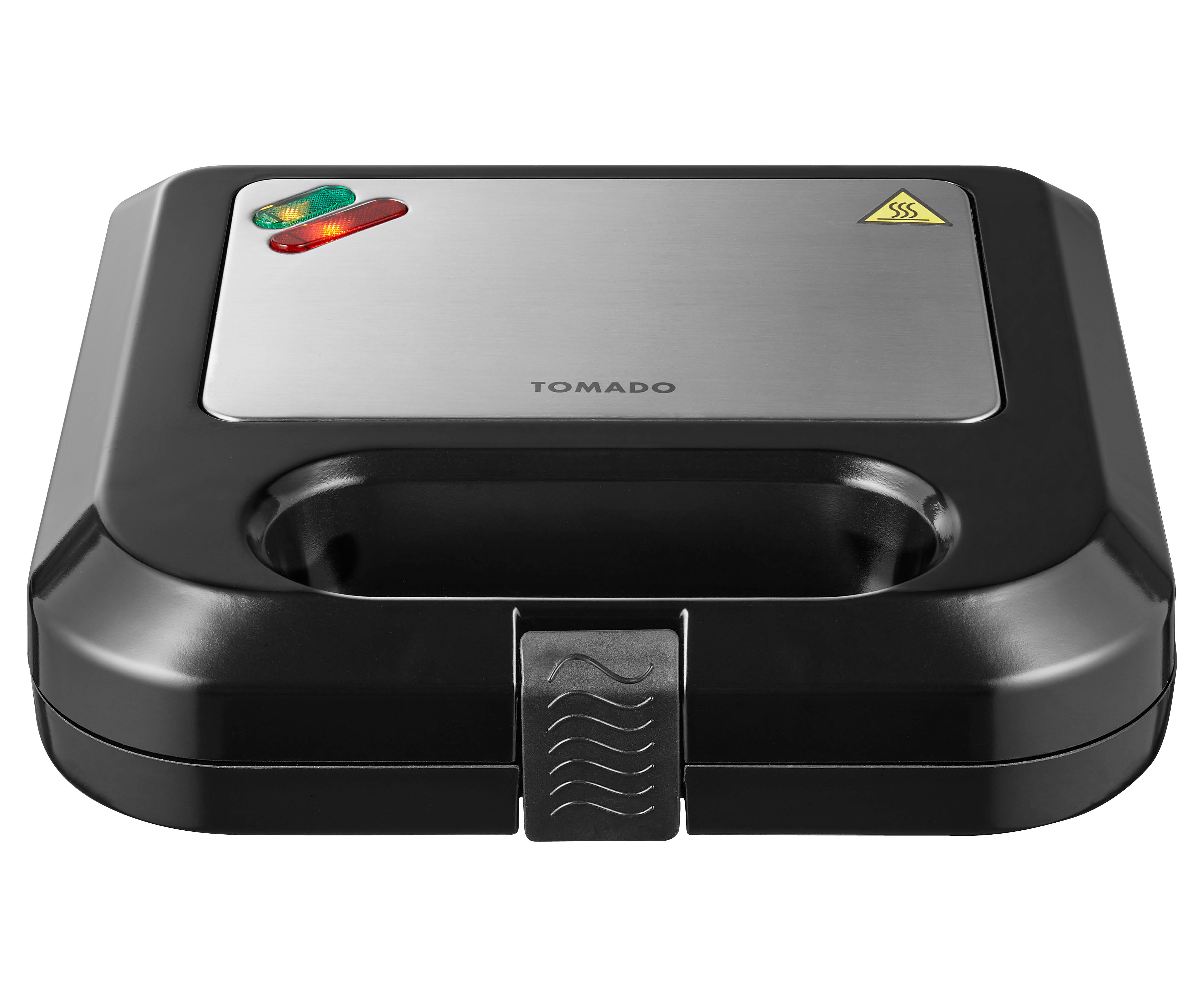 Black and silver sandwich maker with red and green indicator lights, top view.