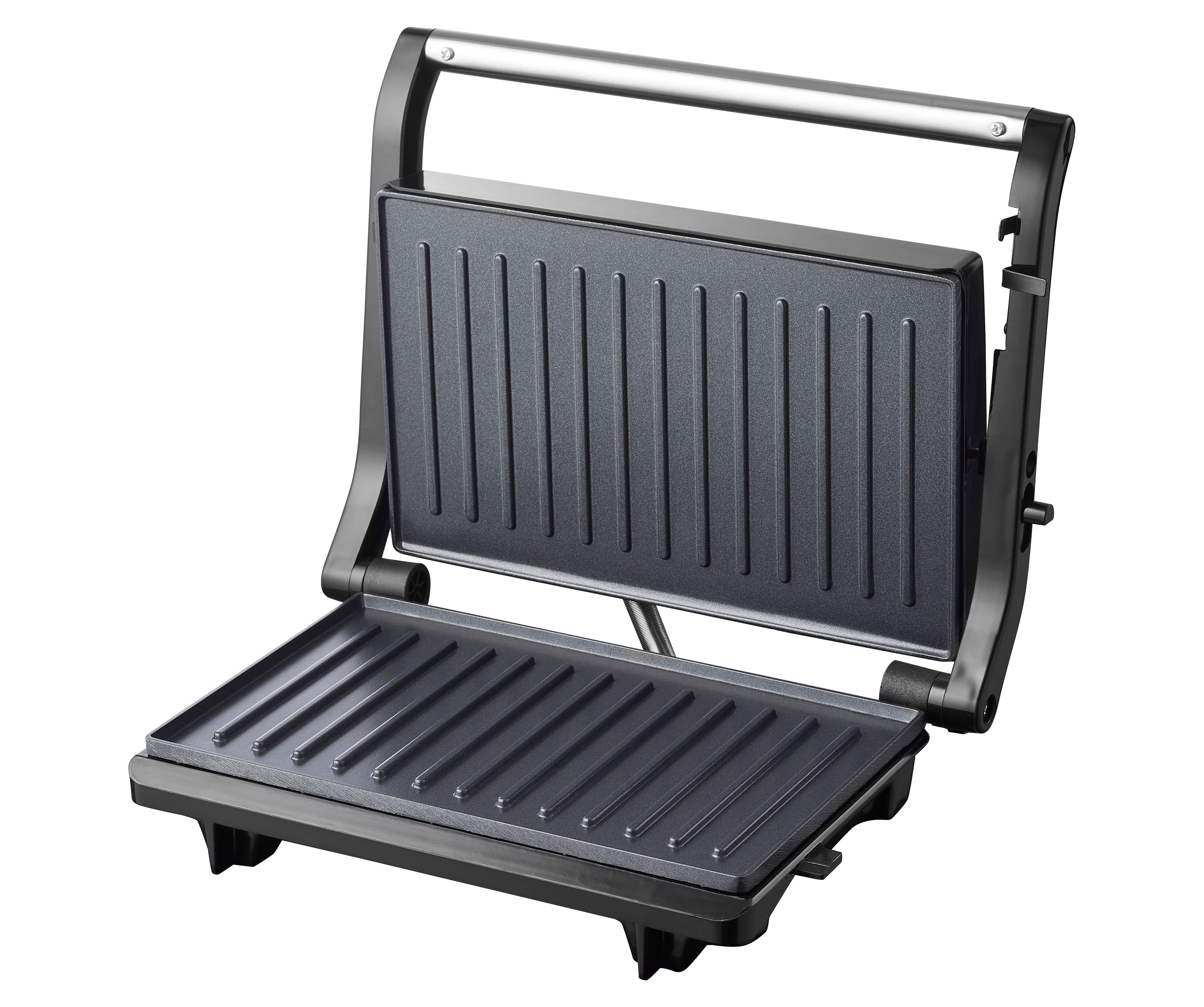 Une presse à panini noire ouverte sur fond blanc. Les plaques ont des marques de grill.