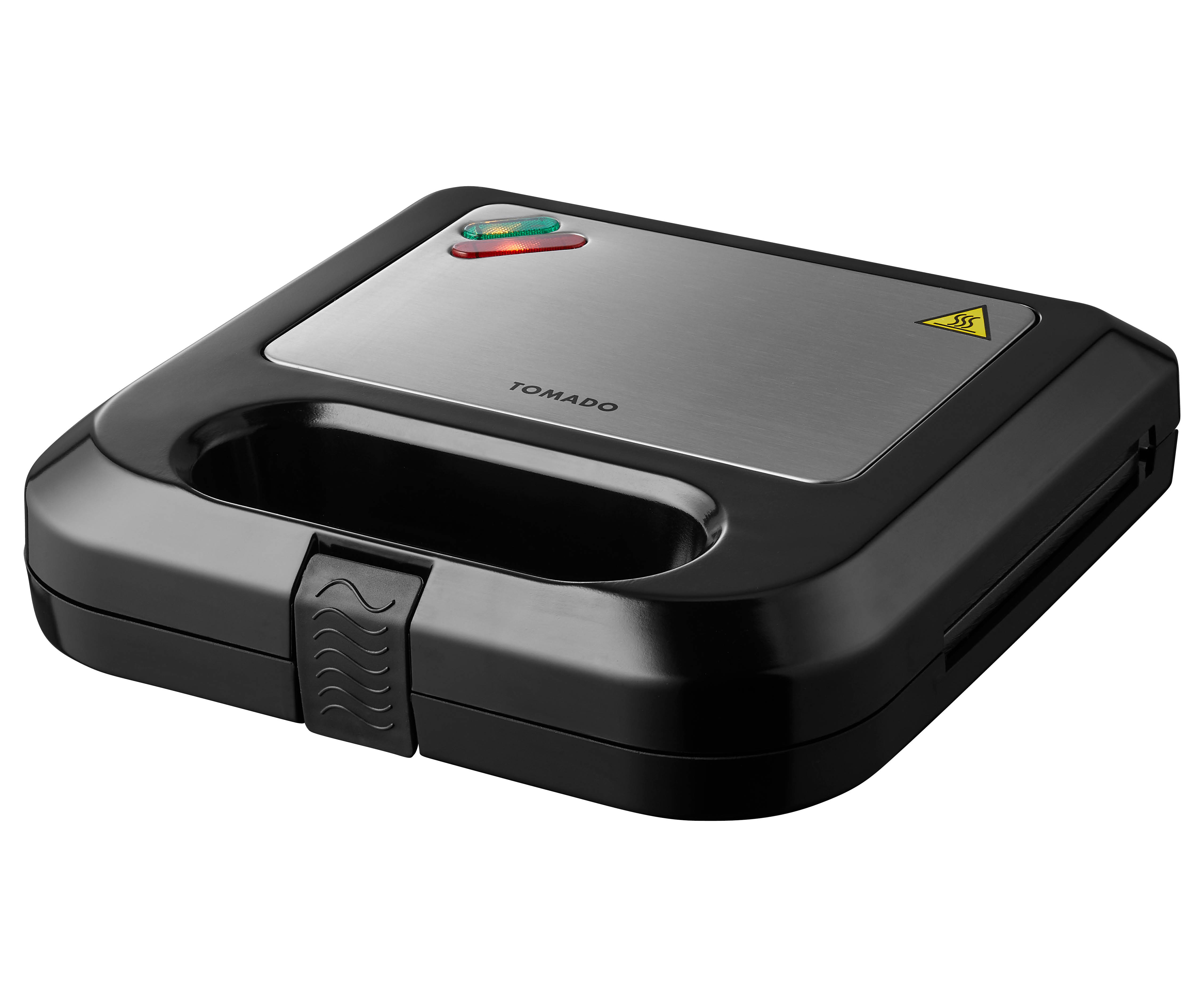 Black and silver sandwich maker. It is closed and has a handle and indicator lights.