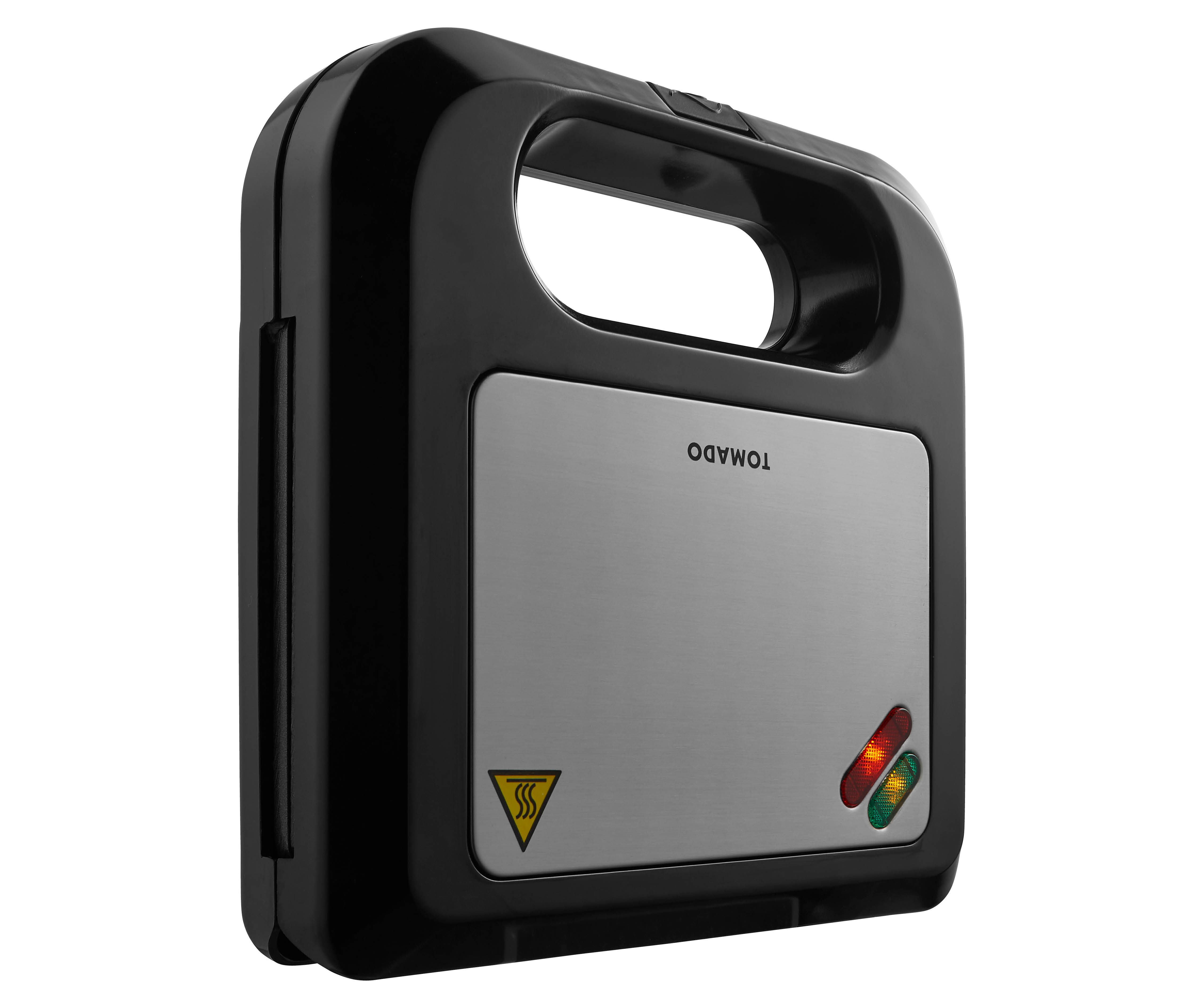 A black and silver Tomado sandwich maker with indicator lights, isolated on a white background.