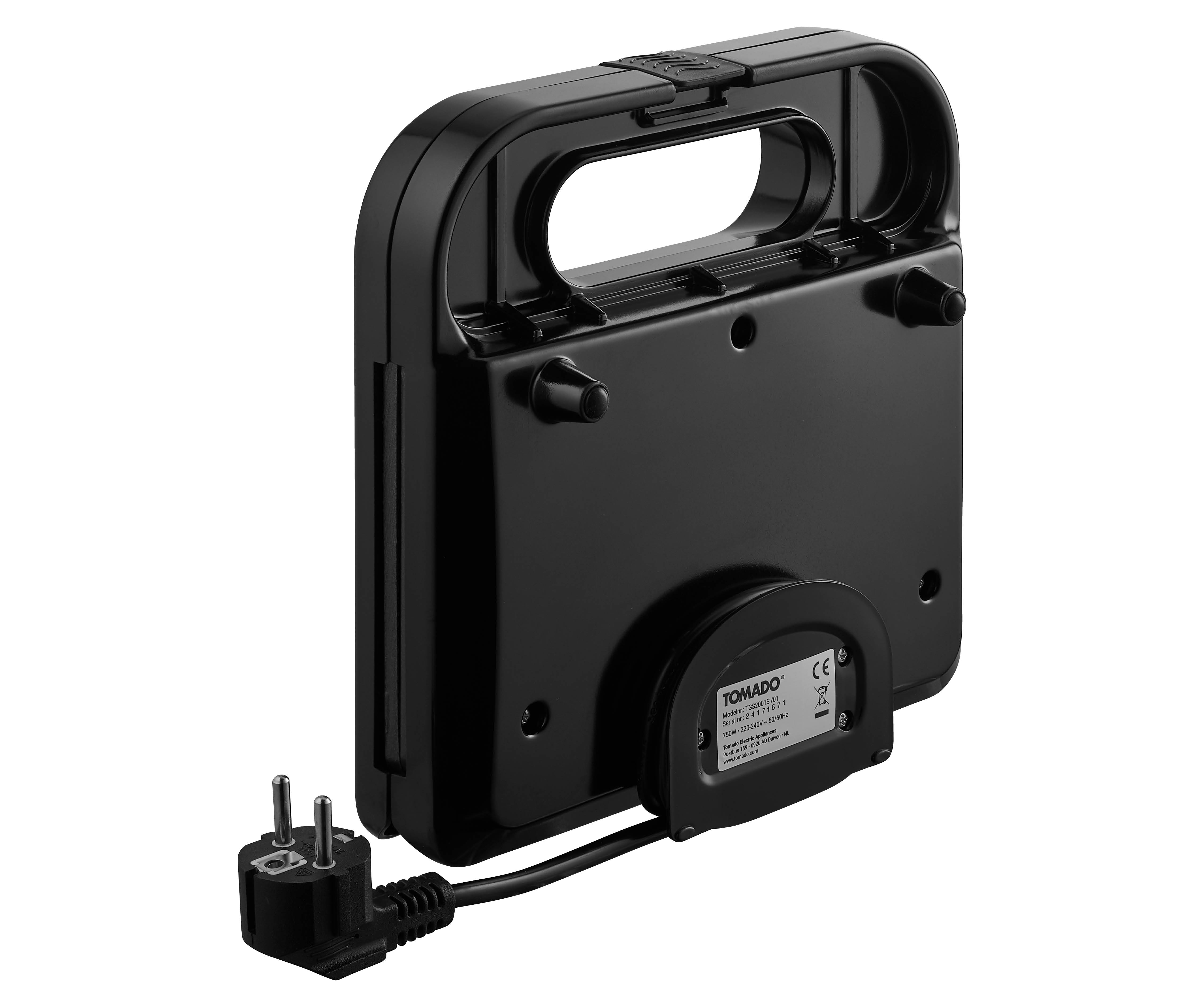 Black sandwich maker from behind. Power cord and plug attached. White background.
