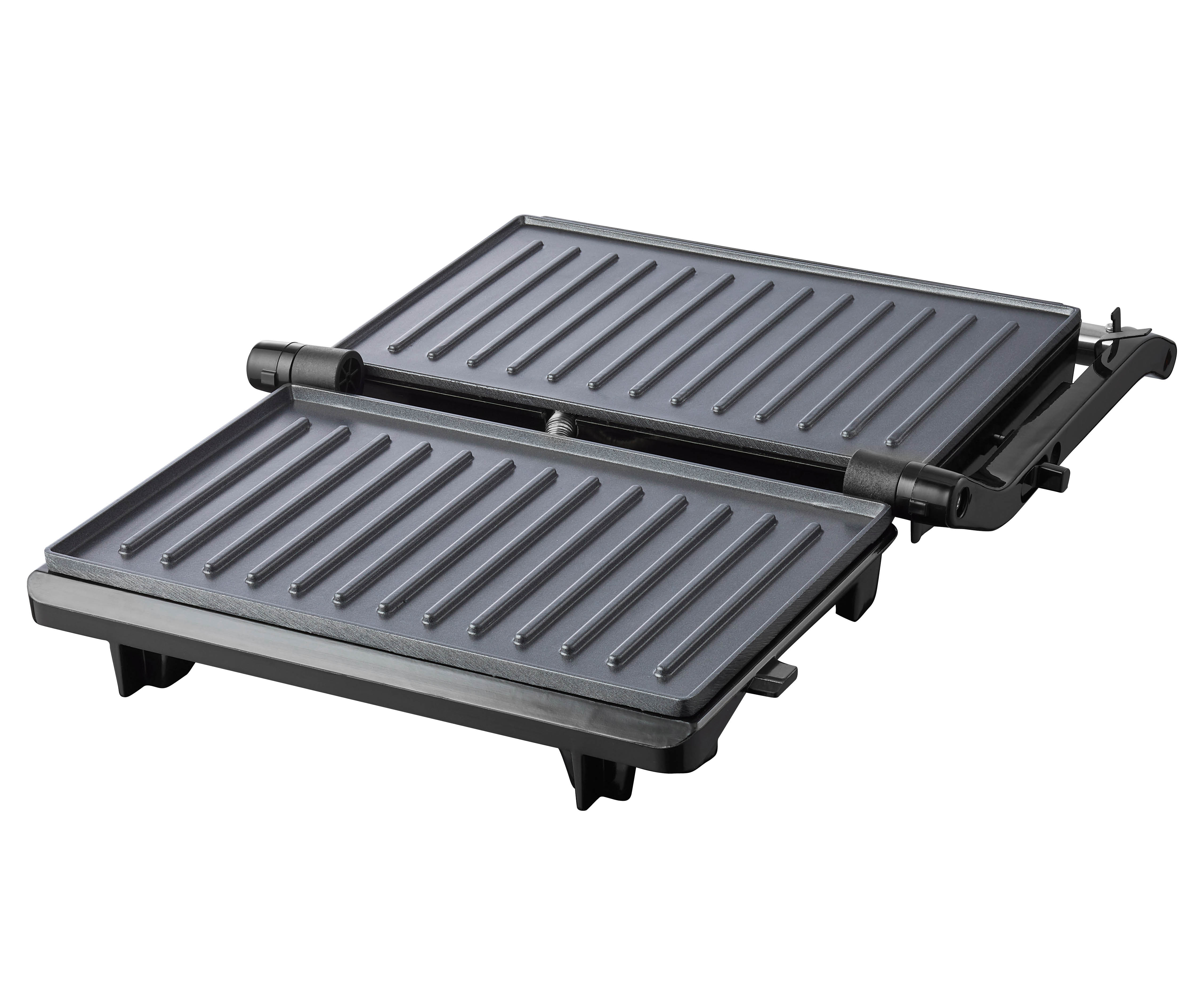 Gril noir ouvert avec surfaces striées, conçu pour la cuisson. Il est ouvert et sur fond blanc.