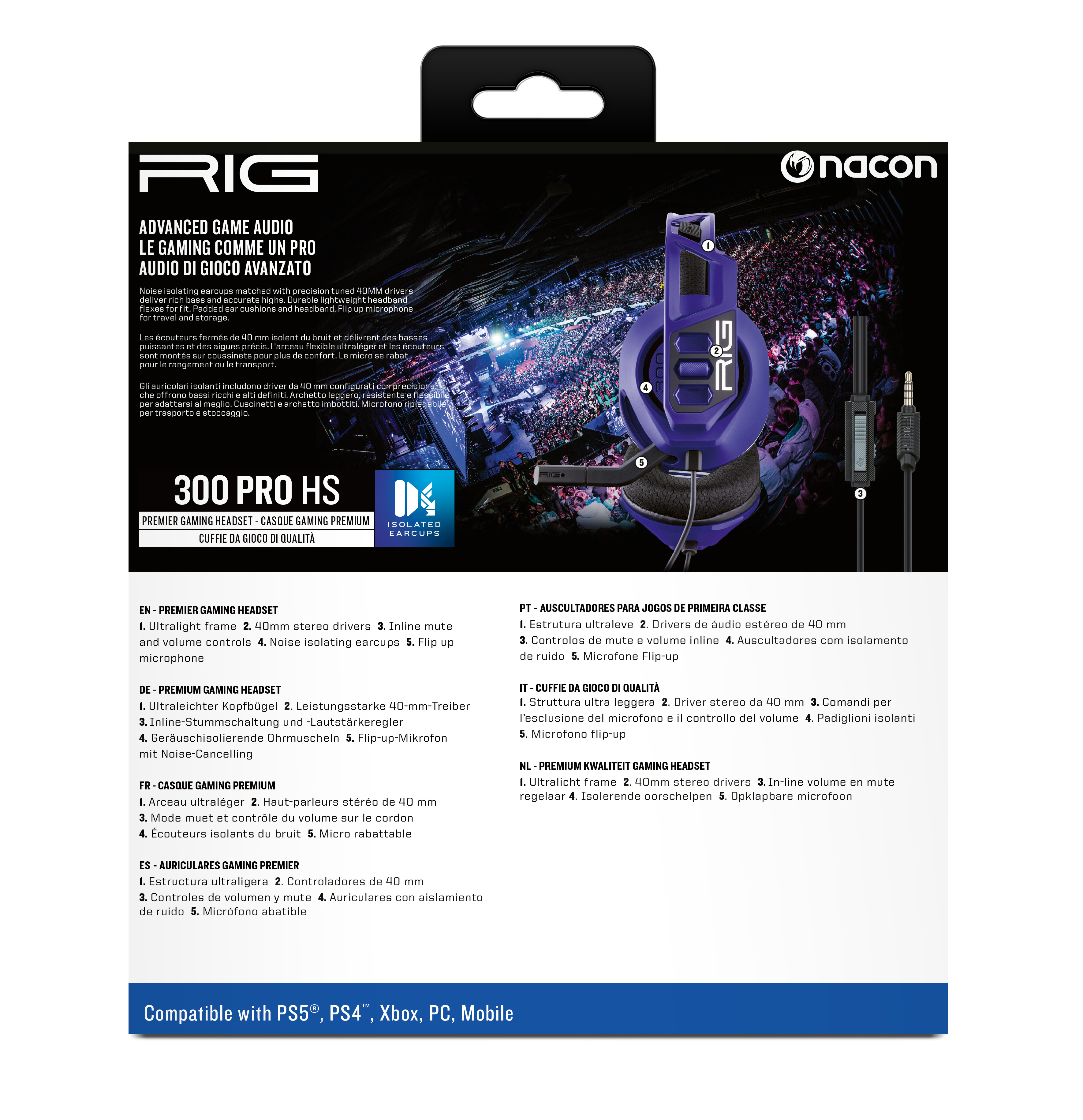 Pudełko z zestawem słuchawkowym ze szczegółami produktu i fioletowym zestawem słuchawkowym.