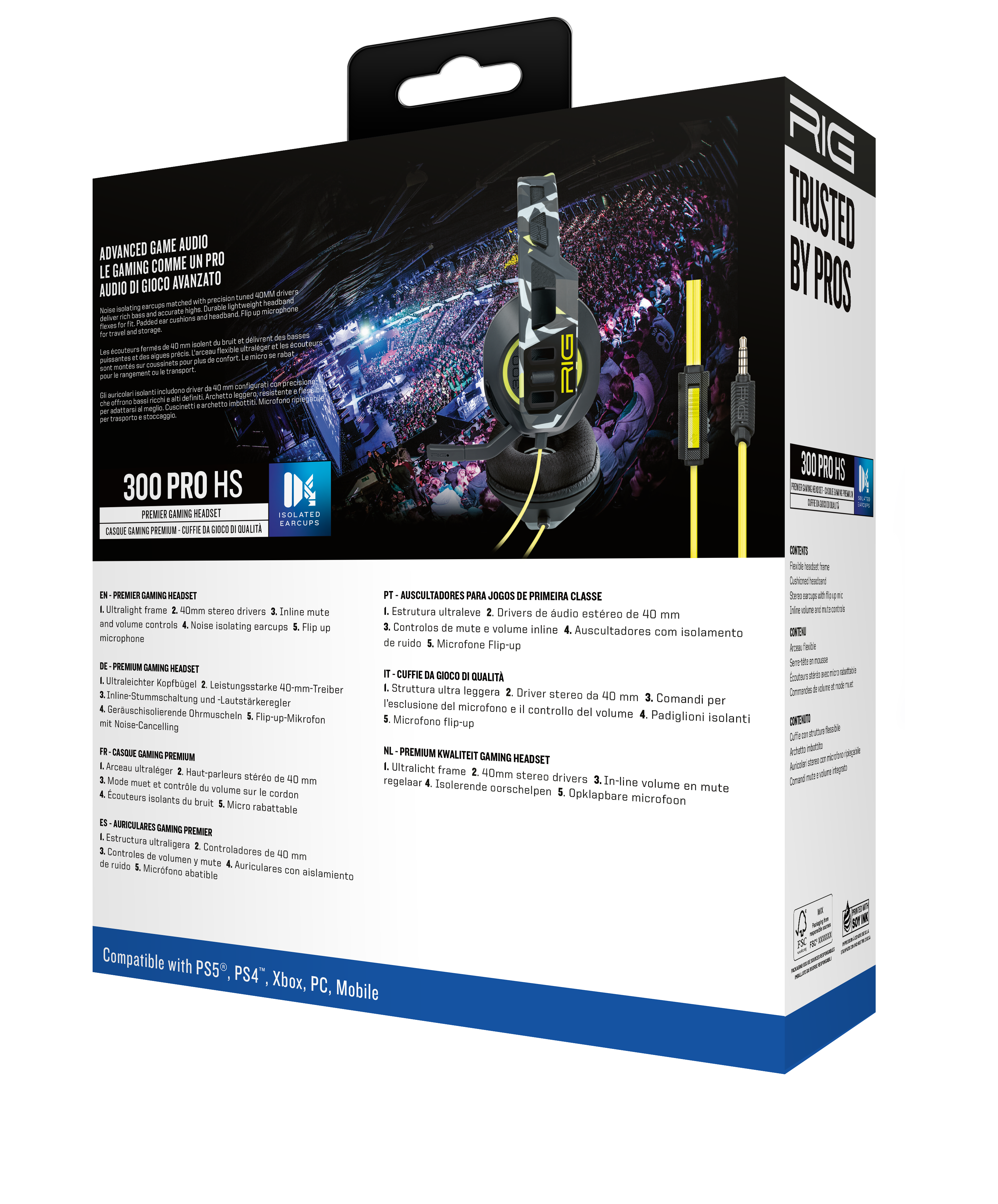 Tył pudełka słuchawek dla graczy z tekstem i obrazami, ze żółtym kablem i słuchawkami.