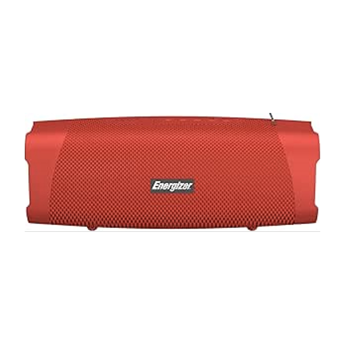 Un altoparlante Energizer rettangolare rosso, con un design a rete, visto orizzontalmente.