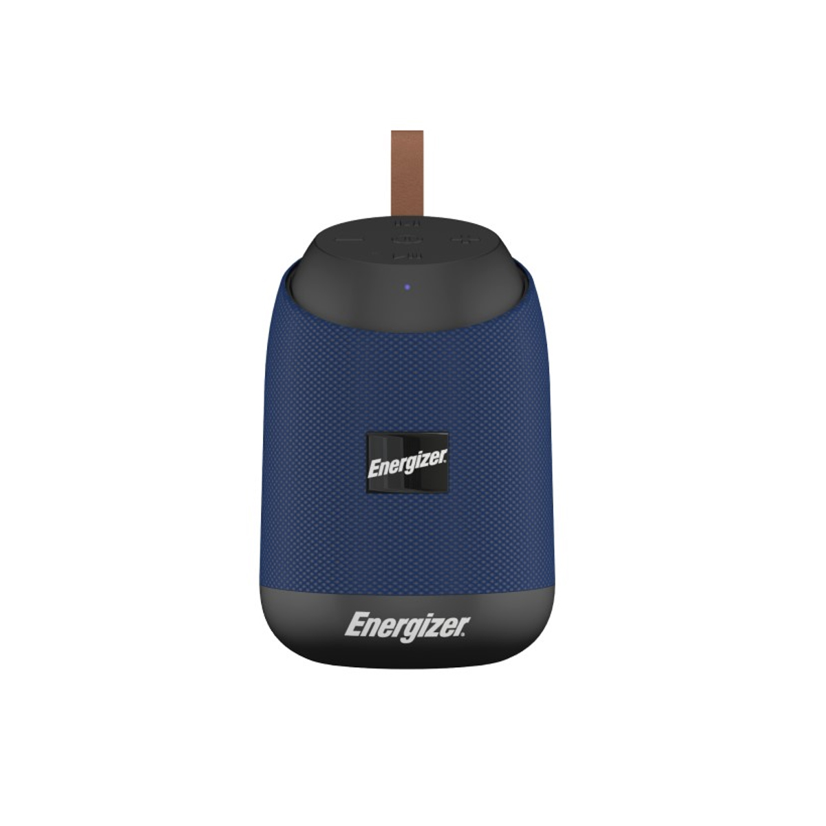 Un altoparlante Energizer blu con parte superiore e inferiore nere e cinturino marrone, su sfondo bianco.