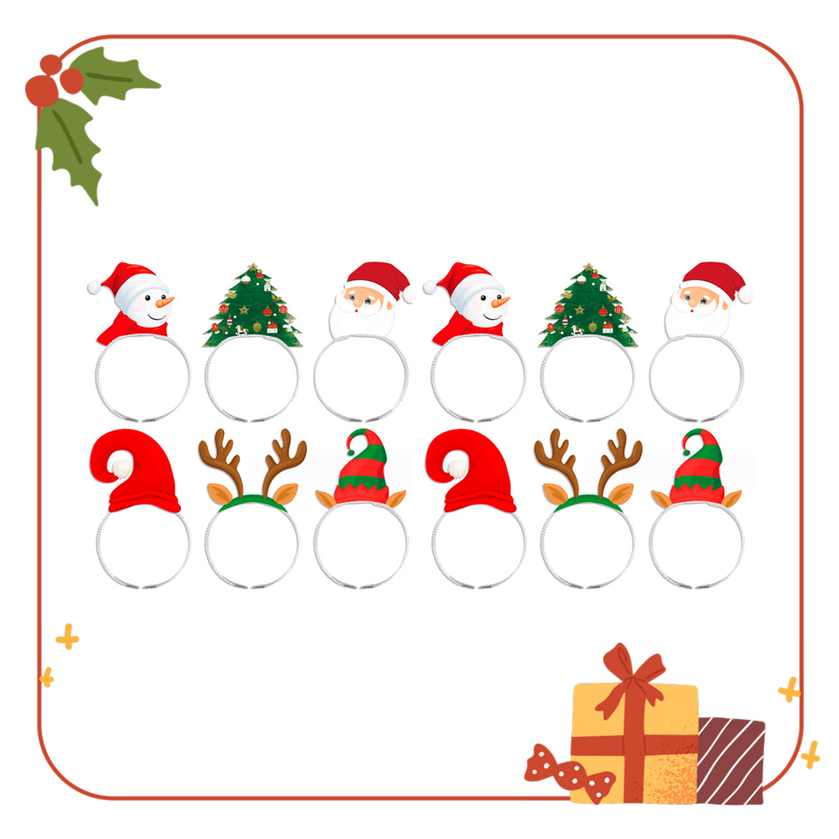 Weihnachtsdekorationen auf weißem Hintergrund. Beinhaltet Weihnachtsmann, Schneemann und Rentierfiguren.