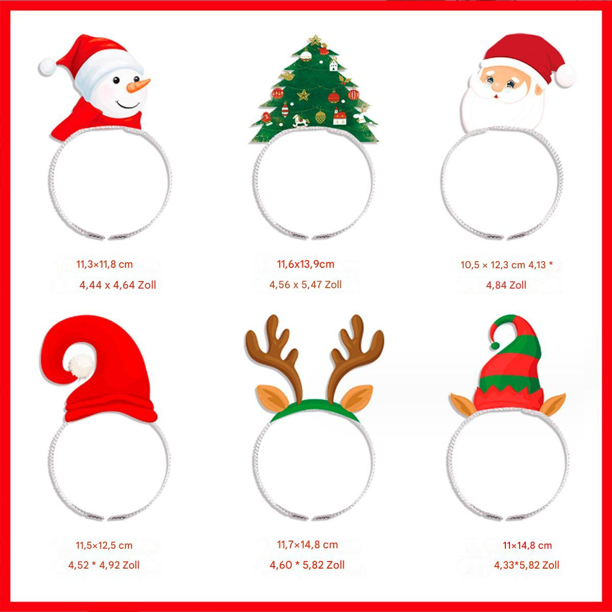 Sechs Weihnachts-Haarbänder, Schneemann, Baum, Weihnachtsmann, roter Hut, Rentiergeweih, Elfenhut, alle mit silbernen Bändern.