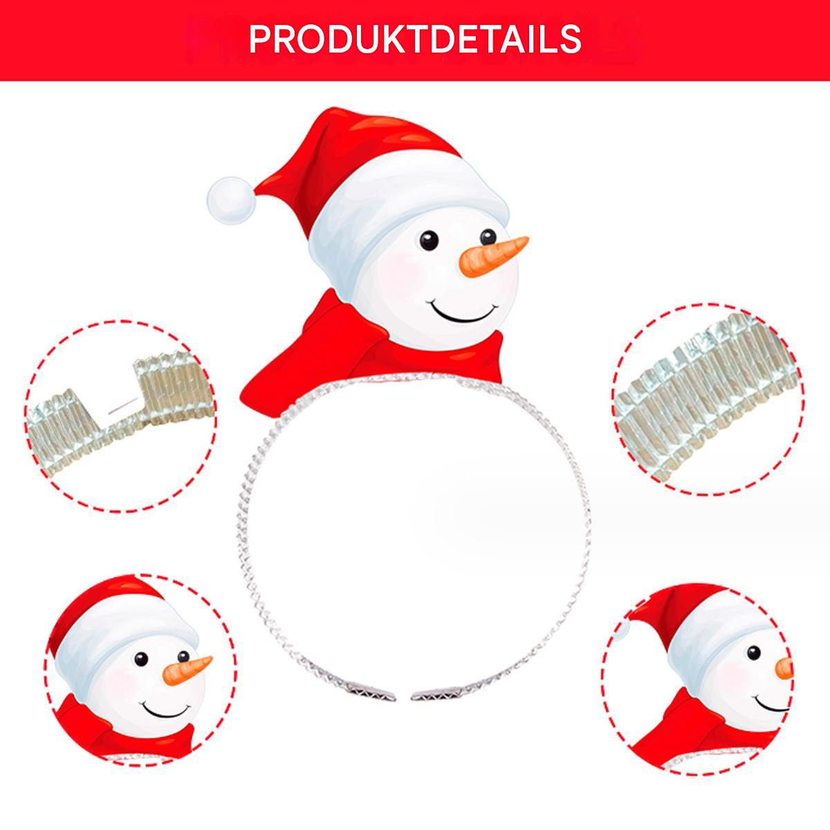 Ein Schneemann-Stirnband mit Details des Gesichts und der Mütze des Schneemanns.