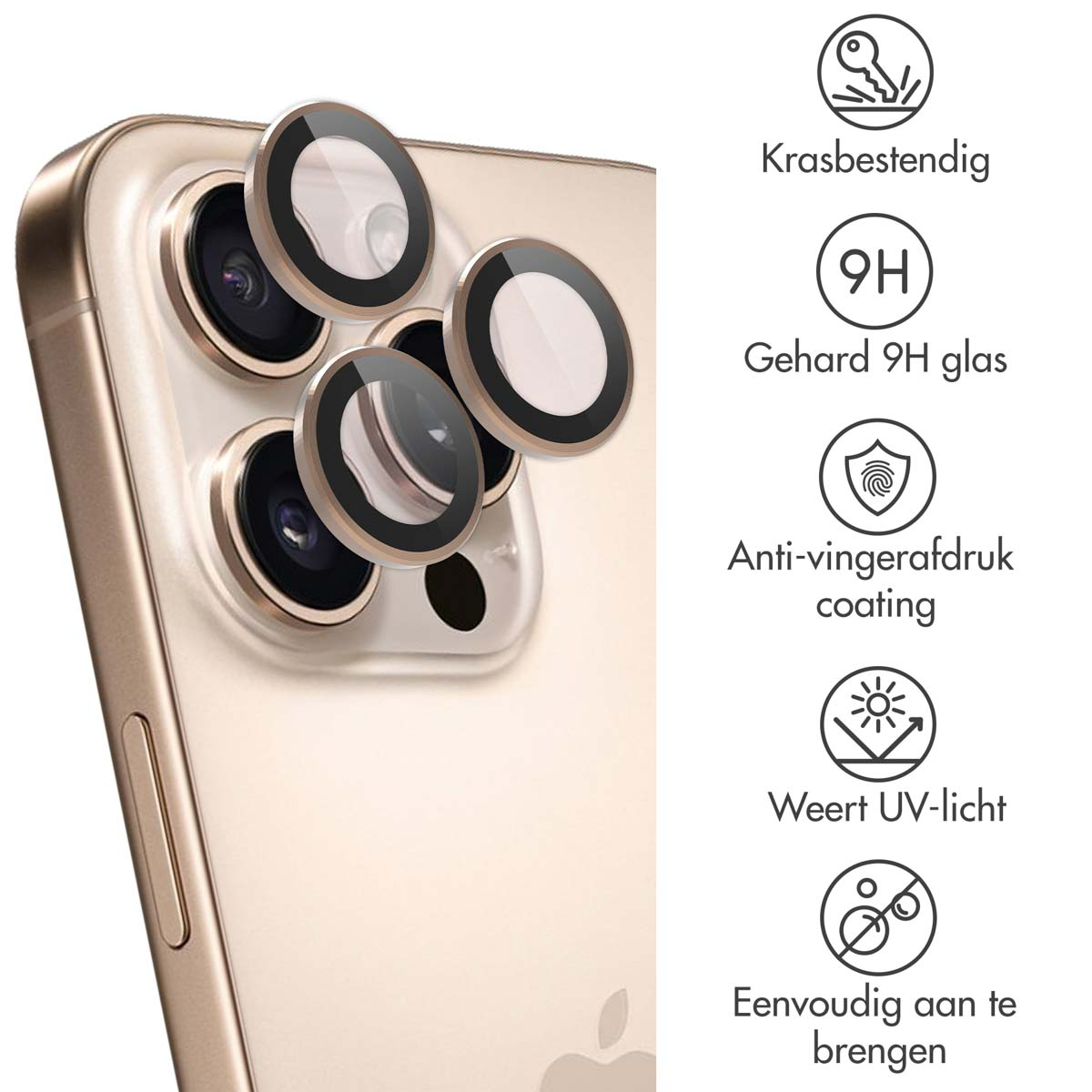 Gros plan d'un téléphone avec protections d'objectif. Le texte décrit les caractéristiques : résistant aux rayures, verre 9H, etc.