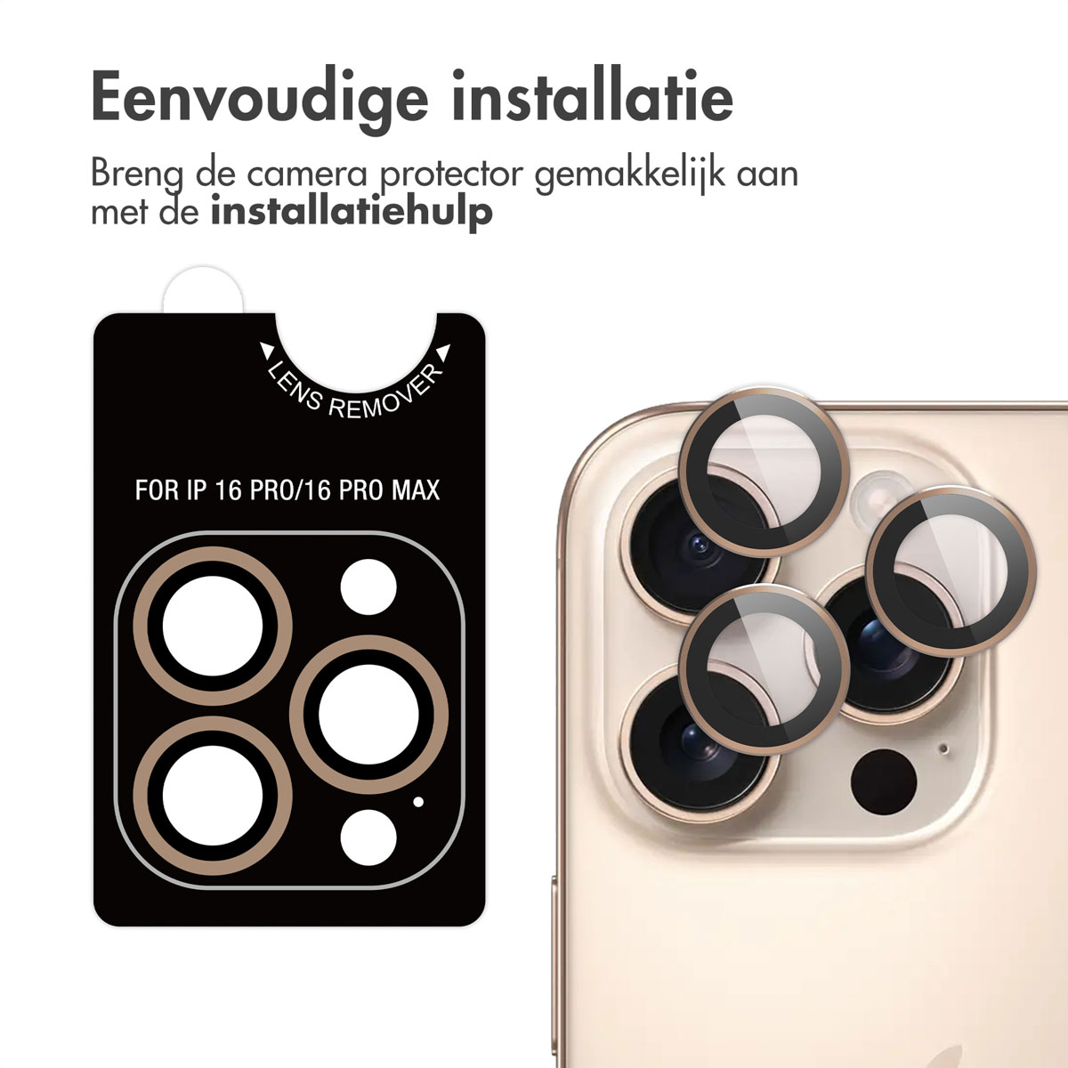 Kit de protection de téléphone noir avec protecteurs d'objectif de caméra blancs et dorés.