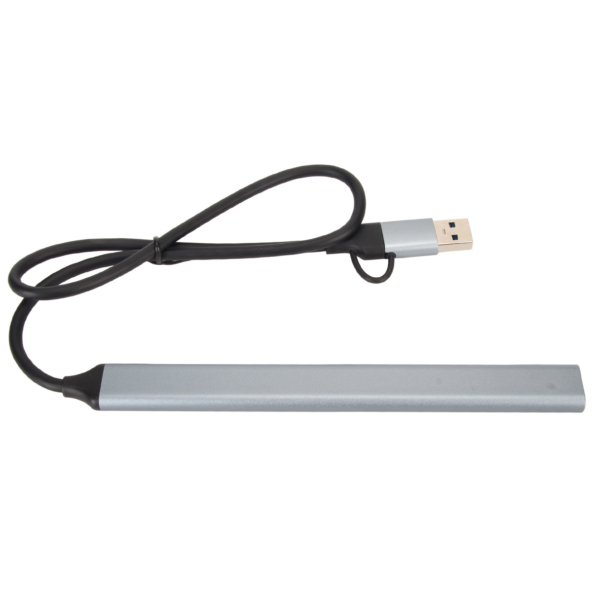 Silberner USB-Hub mit schwarzem Kabel. Der Hub ist rechteckig.