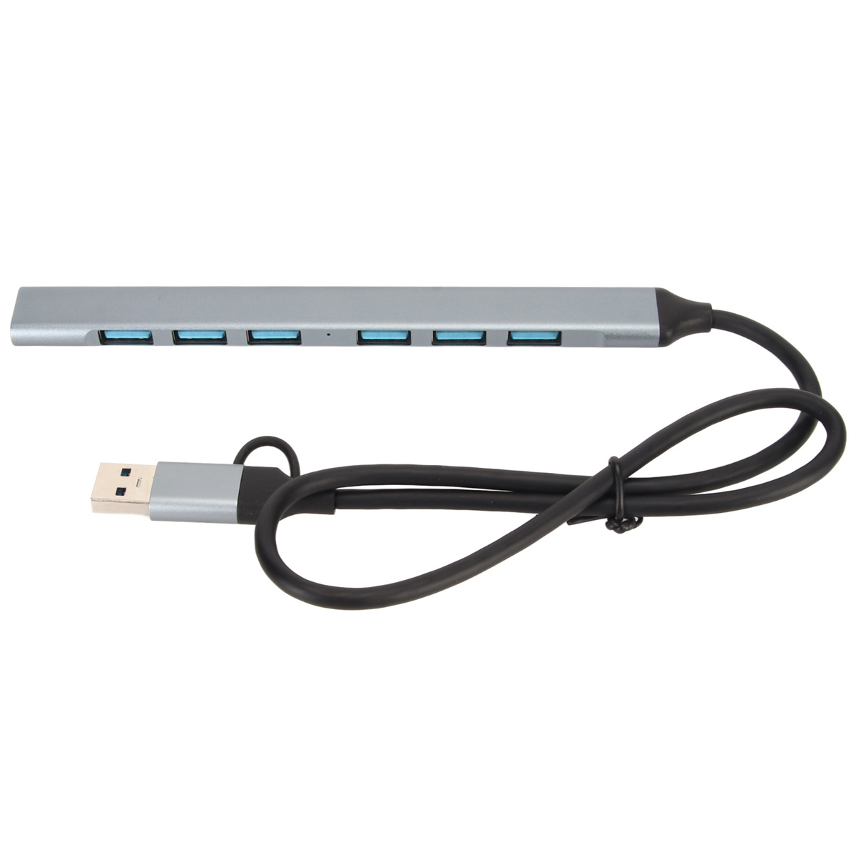 Silberner USB-Hub mit mehreren USB-Anschlüssen und schwarzem Kabel.