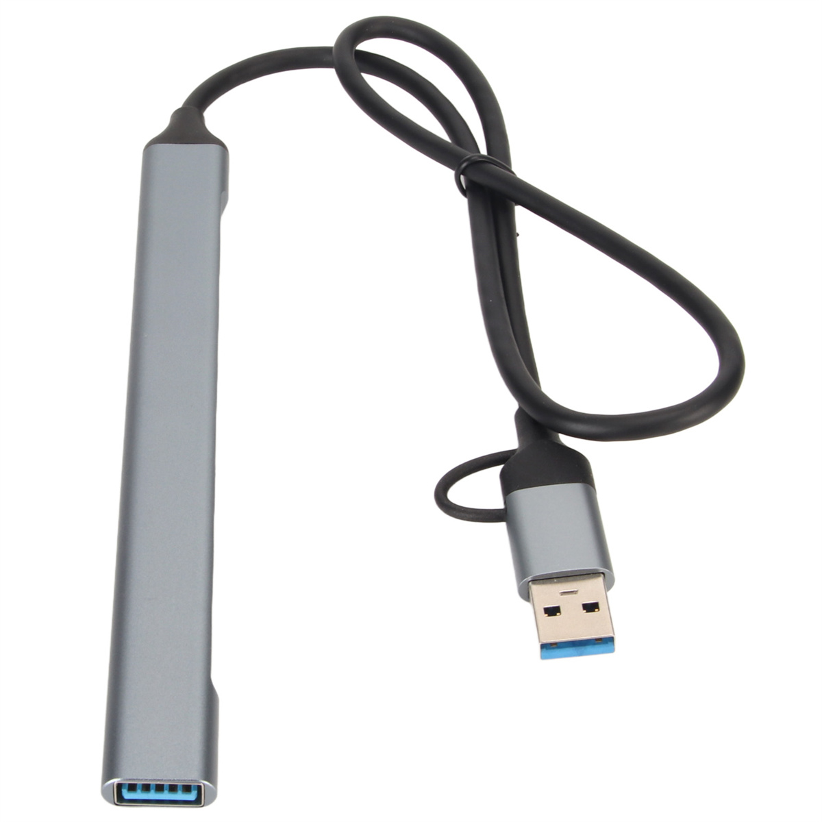 Silberner USB-Hub mit USB-Anschluss und schwarzem Kabel. Der Hub hat mehrere USB-Anschlüsse.