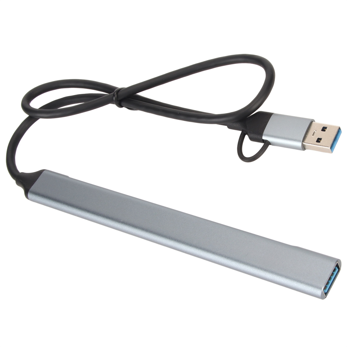 Ein silberner USB-Hub mit schwarzem Kabel auf weißem Hintergrund.