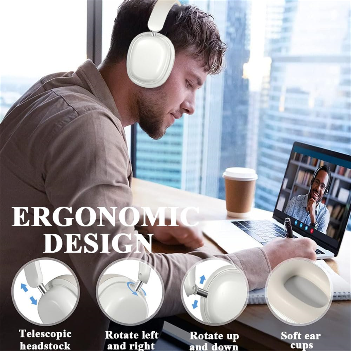 Mann mit weißen Kopfhörern, der auf einen Laptop schaut, mit Diagrammen und Text.