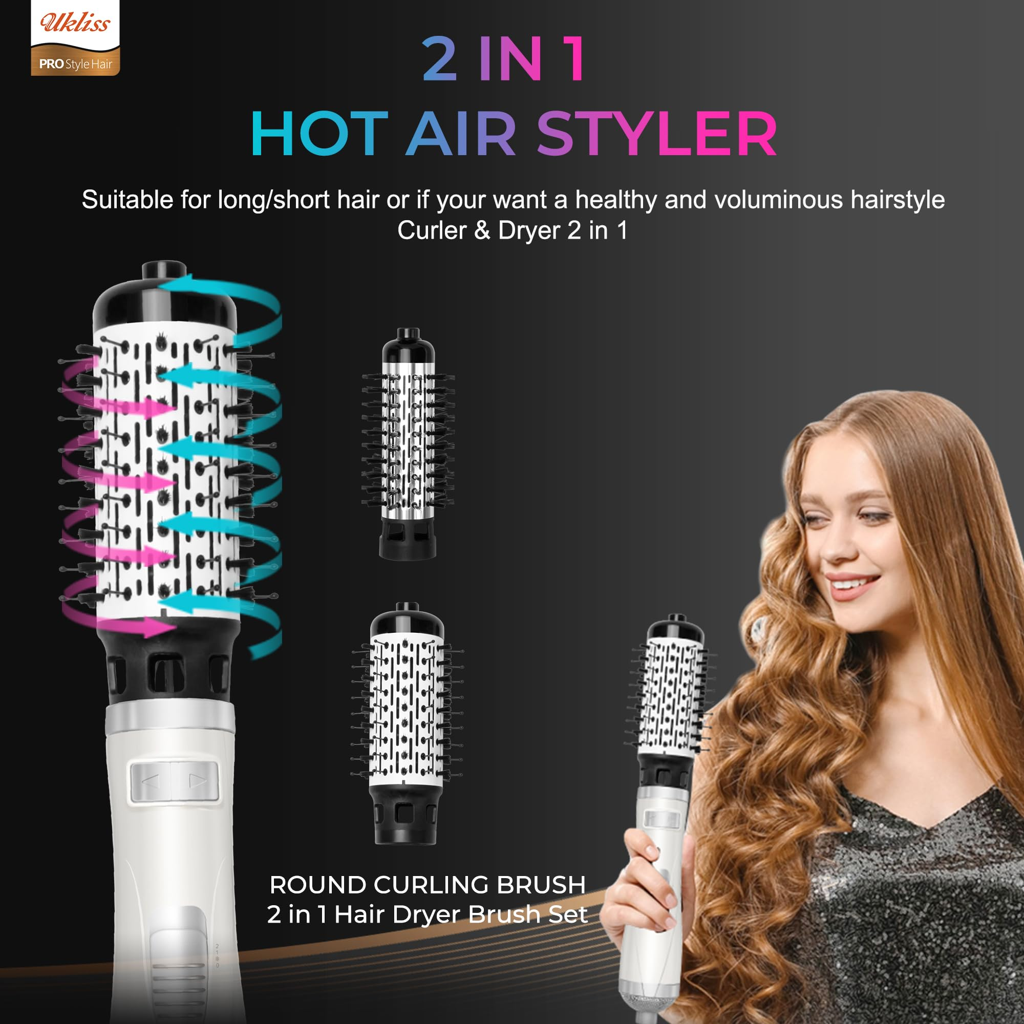 Eine Frau mit langen Haaren. Das Produkt ist ein Heißluftstyler. Es hat mehrere Aufsätze.