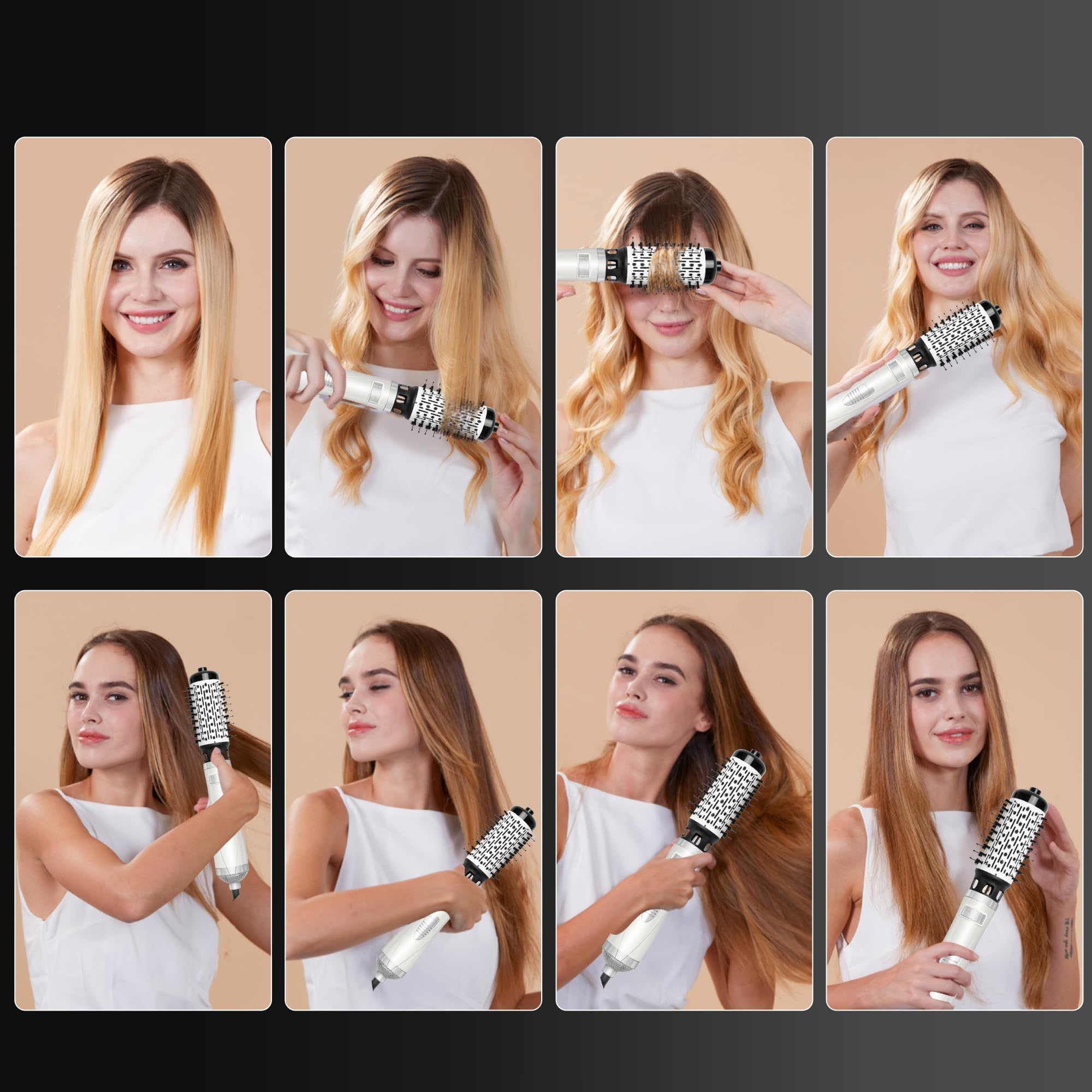 Eine Reihe von Bildern, die eine Frau zeigen, die ihre Haare mit einem Lockenstab stylt. Acht Bilder werden gezeigt.