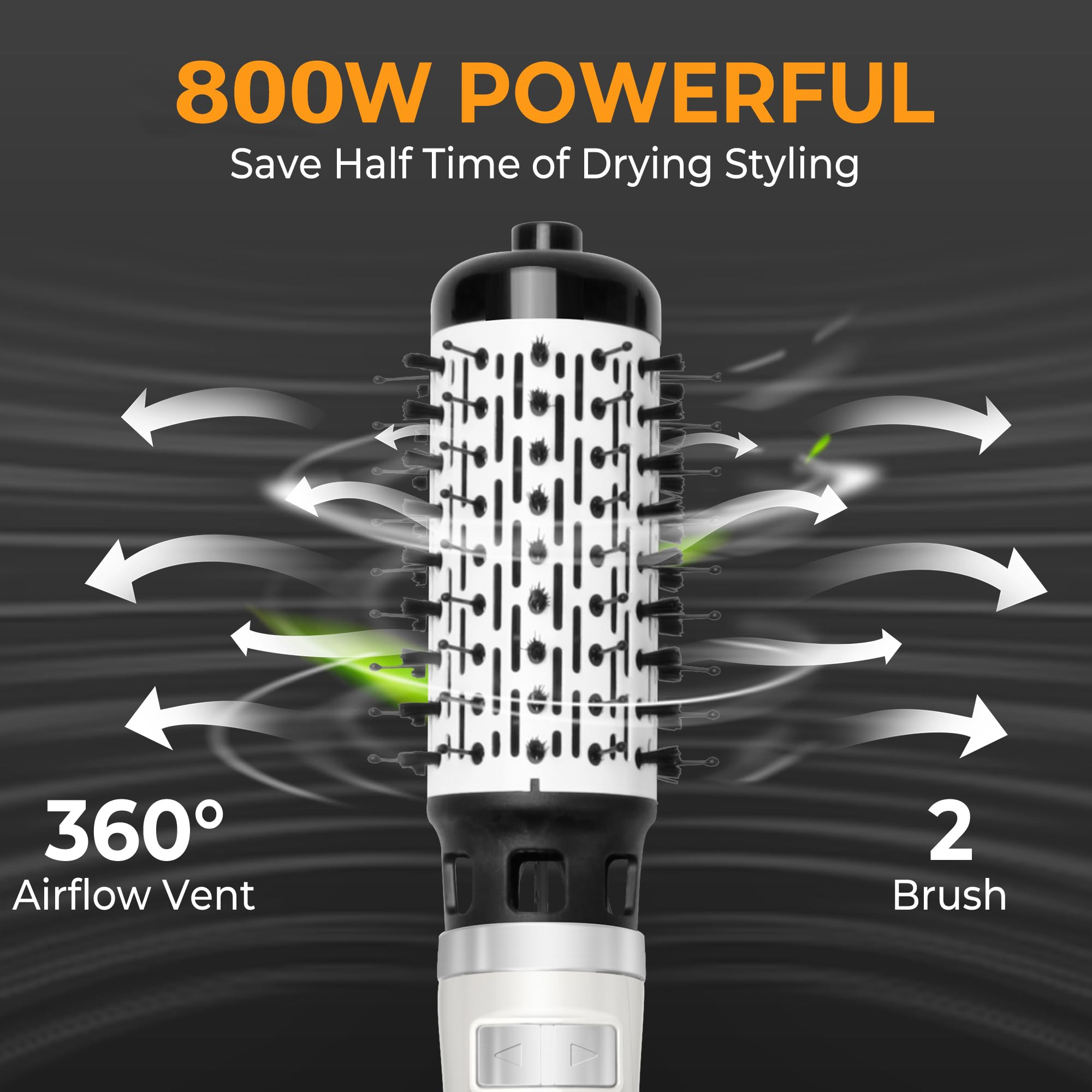Haartrocknerbürste mit weißen Pfeilen, die den Luftstrom anzeigen. Text: 800W POWERFUL, 360° Airflow Vent, 2 Brush.