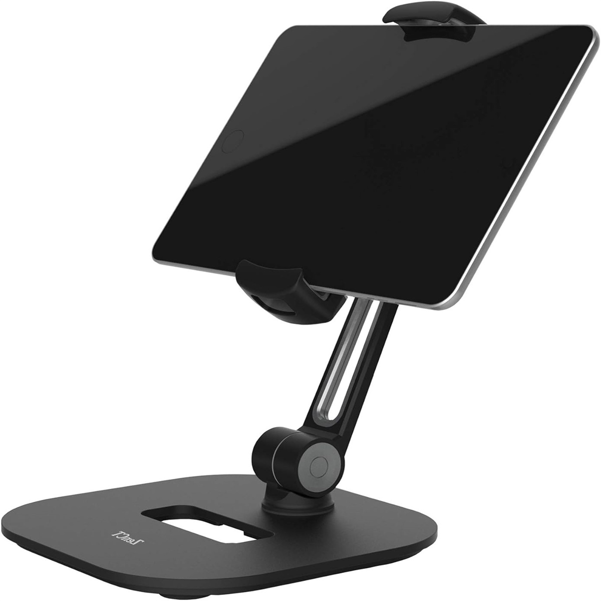 Tablet in einem schwarzen Ständer. Der Ständer steht auf einem Tisch. Der Winkel ist verstellbar.