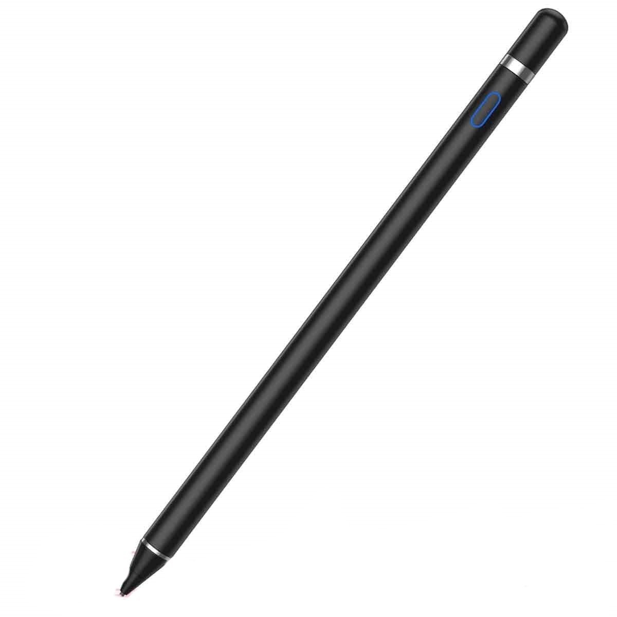 Ein schwarzer Stift mit einer blauen Taste. Die Spitze ist rosa.