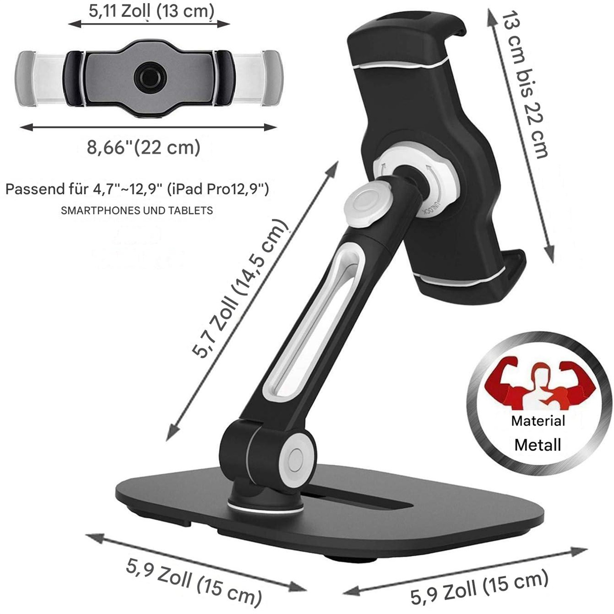 Schwarzer Tablet-Ständer mit Maßen, der ein Tablet hält, mit einem Muskel-Icon.
