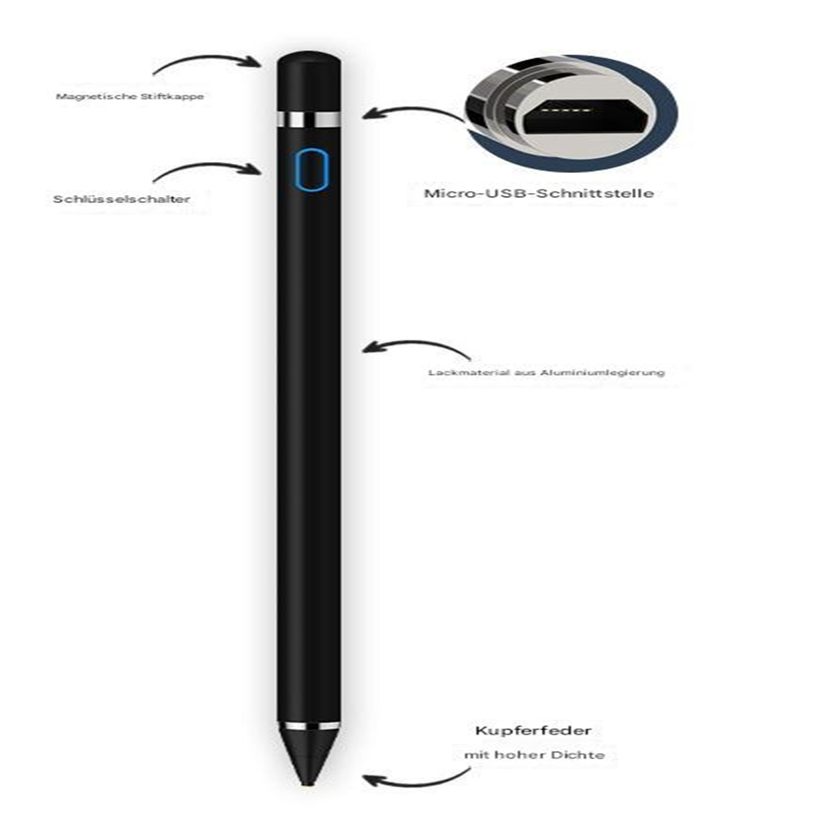 Schwarzer Stift mit blauem Akzent und Micro-USB-Anschluss, mit deutschen Beschriftungen.
