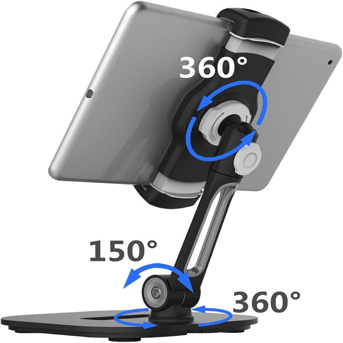 Ein Tablet auf einem Ständer montiert. Der Ständer ermöglicht eine 360- und 150-Grad-Drehung.