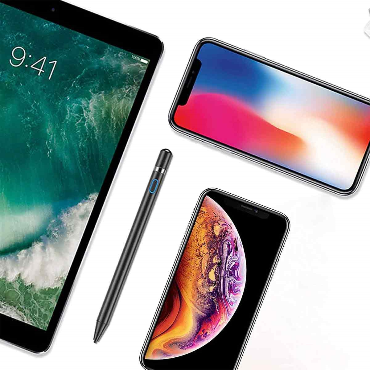 Tablet und zwei Telefone mit Stift. Ein Telefon zeigt bunten Bildschirm.