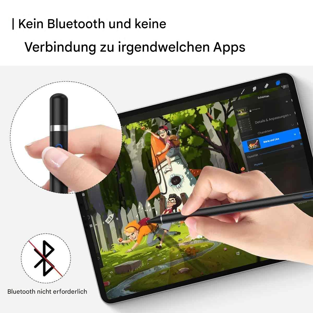 Tablet-Bildschirm mit einem Stift. Eine Hand hält den Stift. Es gibt ein Bluetooth-Symbol.