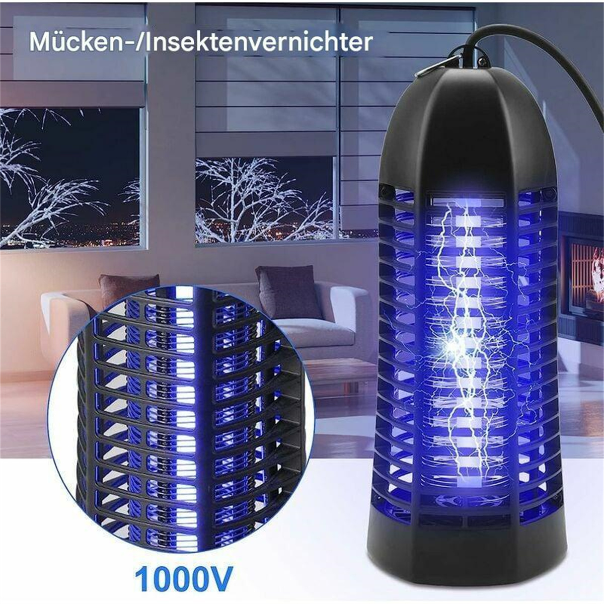 Insektenvernichter mit blauem Licht und Gitter, in einem Raum dargestellt.