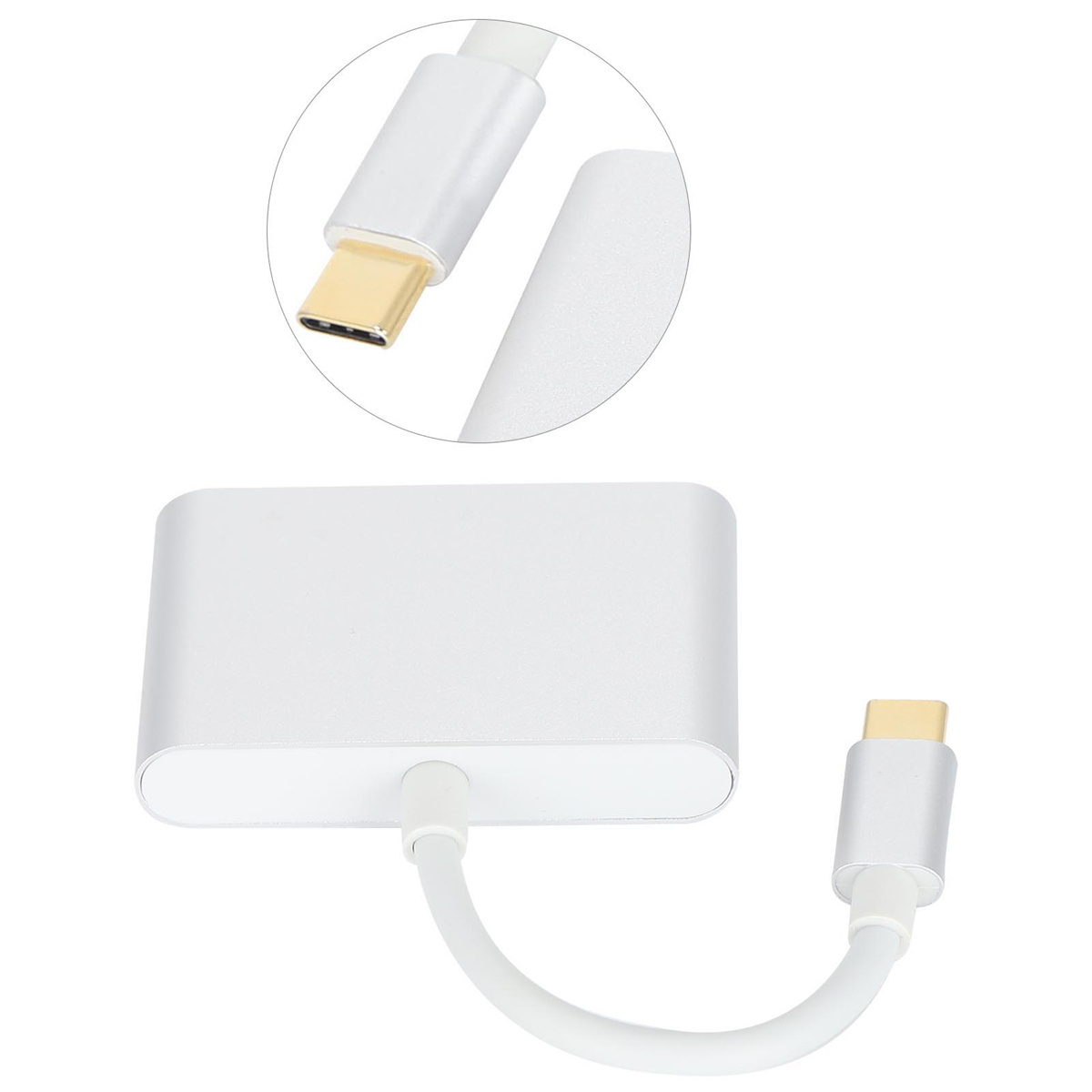 Ein silberner Adapter mit zwei USB-C-Enden, eines an einem rechteckigen Gehäuse.