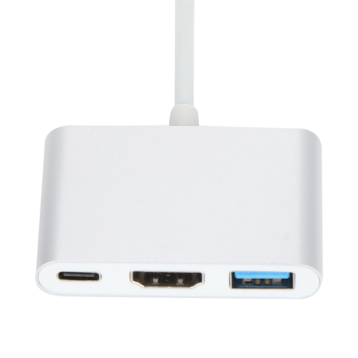 Weißer USB-C-Adapter mit HDMI- und USB-Anschluss.