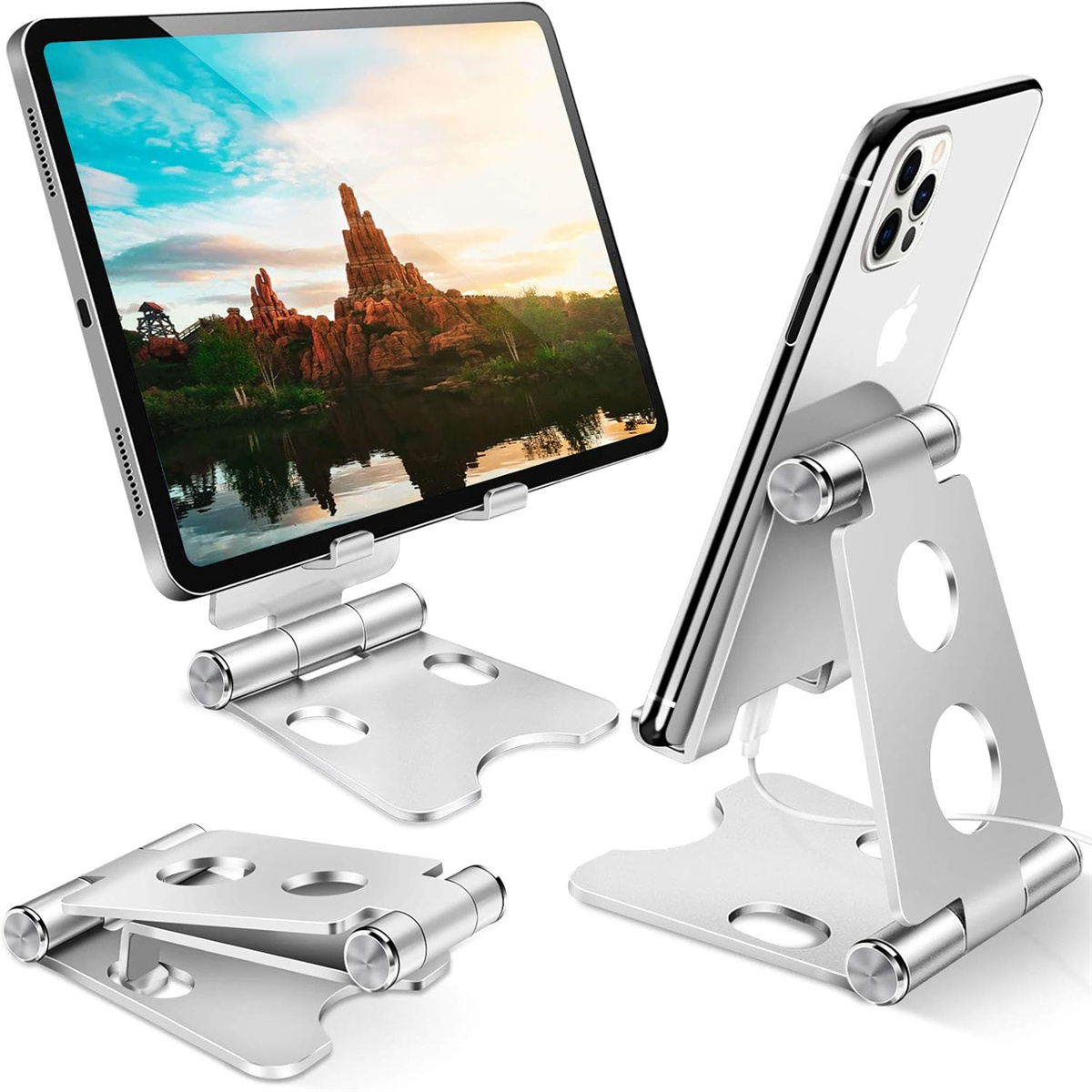 Tablet- und Telefonständer in Silber, die Geräte auf einer weißen Oberfläche halten.