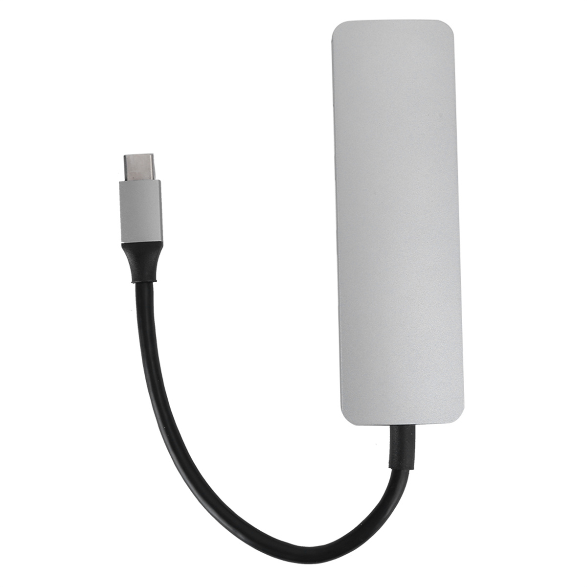 Ein silberner USB-C-Hub mit einem schwarzen Kabel. Der Hub hat eine rechteckige Form und einen Typ-C-Anschluss.