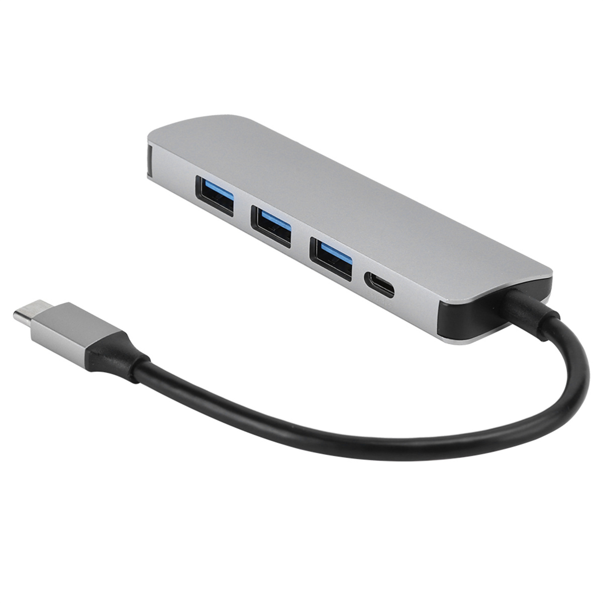 Silberner USB-Hub mit drei USB-Anschlüssen, einem USB-C-Anschluss und einem angeschlossenen schwarzen Kabel.