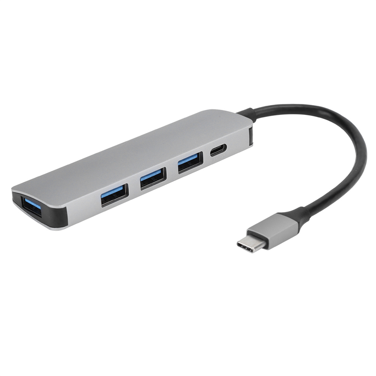 Ein silberner USB-Hub mit vier USB-Anschlüssen, einem USB-C-Anschluss und schwarzem Kabel.